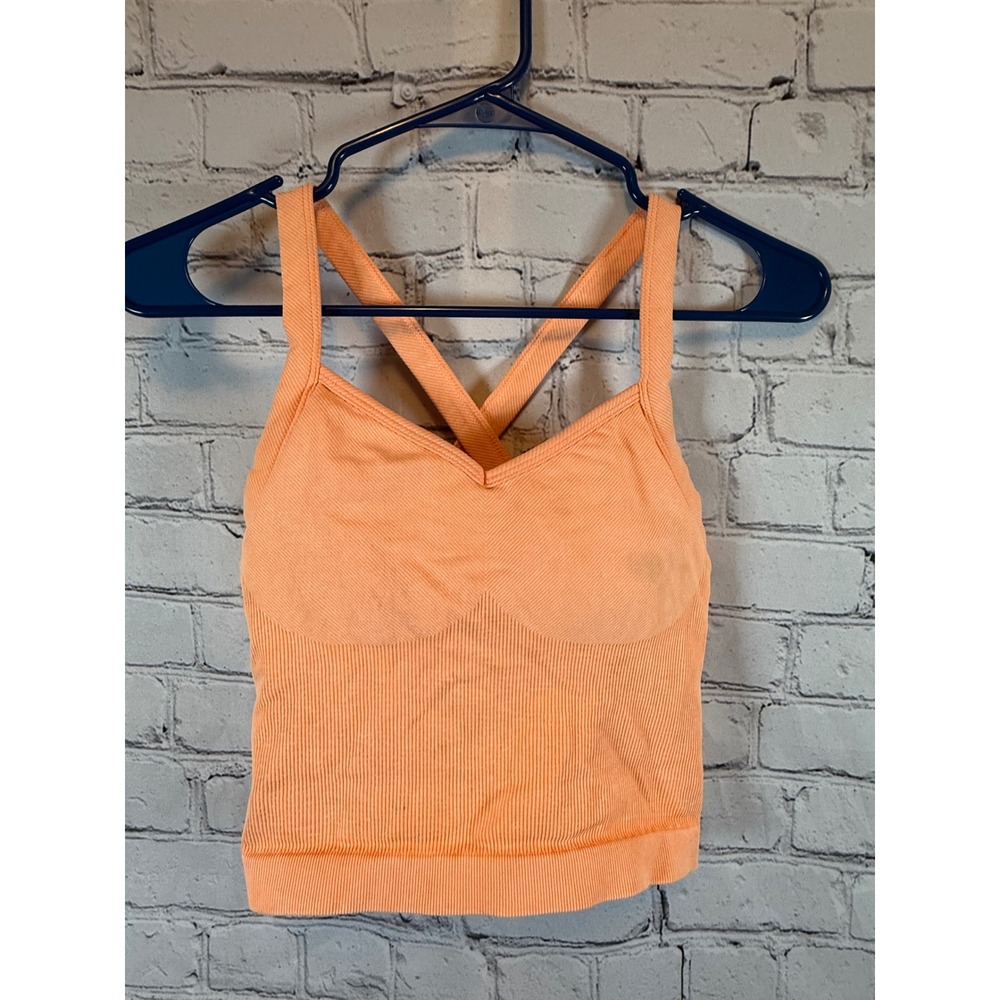 AVIA Womens Activewear Tank Top Peach Ribbed Cropped Criss Cross Back Small S‎